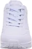 A front view of a white Skechers sneaker with light blue laces. Produktbild-Vorschau