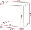 A 3D diagram of a white cube-shaped shelf with dimensions indicated by red lines and text. Produktbild-Vorschau