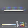 A rectangular LED ceiling light with RGB lighting effects is shown mounted on a gray ceiling. Below the light, there are graphical representations of color temperature and brightness scales, a remote control, and icons indicating "Rainbow RGB" and "Memory" Produktbild-Vorschau