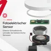 An exploded view of a smoke detector, highlighting its photoelectric sensor and internal components, with descriptive text about its features. Produktbild-Vorschau