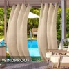 Outdoor curtains hanging on a patio overlooking a swimming pool and lounge chairs. Produktbild-Vorschau