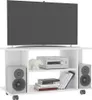 A white TV stand with a television, audio equipment, speakers, and books. Náhled obrázku produktu