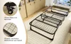 A metal bed frame is shown on a rug, with close-ups of its features. Voir les images du produit