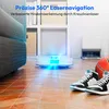 A robot vacuum cleaner is shown in a living room setting, with a couch, shelves, a basketball, and shoes visible. Blue laser lines emanate from the robot, illustrating its navigation system. Produktbild-Vorschau
