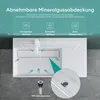 A top-down view of a white sink with a faucet and a detailed inset showing the drain. Produktbild-Vorschau