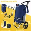 A collage of images showcasing a blue shopping trolley with various features and components, set against a yellow background. Produktbild-Vorschau