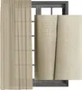A sheer curtain is shown hanging in front of a window, with a close-up inset of the fabric texture. Produktbild-Vorschau