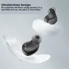 Two black wireless earbuds are shown floating with white feathers against a light gray background, highlighting their lightweight design. Produktbild-Vorschau