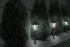 A row of solar-powered garden lights illuminate a pathway lined with evergreen bushes at dusk. Produktbild-Vorschau