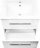 A white bathroom vanity with a sink and two open drawers, displayed against a white background. Produktbild-Vorschau