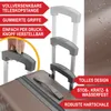 Close-up of a suitcase handle being held, with feature callouts. Produktbild-Vorschau