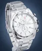 A close-up studio shot of a silver Festina chronograph watch with a white dial, set against a blue background. Produktbild-Vorschau