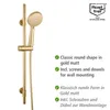 A gold colored shower set on a white background with feature descriptions. Produktbild-Vorschau