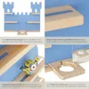 A collage of four images showcasing a blue castle-themed wall shelf with wooden accents, highlighting its features and details. Náhled obrázku produktu
