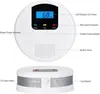 A top and bottom view of a white carbon monoxide detector with labels pointing out its features. Produktbild-Vorschau