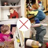 Collage of images showing children interacting with household cabinets and drawers, with a red 'X' symbol indicating danger. Voir les images du produit