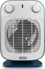 A white and blue De'Longhi portable electric heater with a fan is shown from the front on a white background. Produktbild-Vorschau