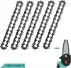 Five chainsaw chains are laid out diagonally, with a mini chainsaw and an arrow pointing to it on the right side. A text overlay indicates the product details. Produktbild-Vorschau
