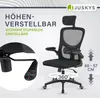 Collage showing a black office chair with close-ups of its features and text overlays. Podgląd zdjęcia produktu