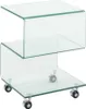 A clear glass side table with wheels. Voir les images du produit