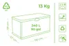 Diagram of an outdoor storage container with dimensions and capacity indicated. Podgląd zdjęcia produktu