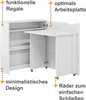 A white folding desk with shelves, featuring callouts highlighting its features. Produktbild-Vorschau