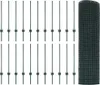 A collection of green metal fence posts and a roll of green wire mesh fencing, arranged on a white background. Produktbild-Vorschau