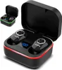 A pair of black wireless earbuds in a charging case, with a digital display showing '100'. The charging case has red and green LED lighting. Podgląd zdjęcia produktu