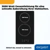 A black induction cooktop with two heating zones is shown, with text highlighting its features and a brand logo at the bottom right. Produktbild-Vorschau