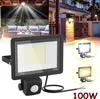 A collage of images showing an outdoor LED floodlight with a motion sensor, its features, and its application in different settings. Náhľad obrázku produktu