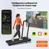 A woman is using a treadmill connected to a tablet displaying a virtual running environment. The image also shows app interfaces and app store logos. Produktbild-Vorschau