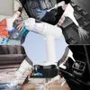 Collage of a white handheld vacuum cleaner being used in various settings, including a car interior, a keyboard, and a storage bag. Produktbild-Vorschau