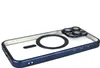 A close-up, angled view of a dark blue iPhone 15 Pro Max case with a clear back, showing the MagSafe ring and camera lens protection. Produktbild-Vorschau