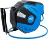 A blue and black hose reel mounted on a bracket against a white background. Produktbild-Vorschau