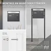 A collage showing a mailbox mounted on a wall and on a stand, with an illustration of mounting hardware. Produktbild-Vorschau