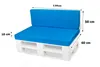 A white pallet sofa with blue cushions, with dimensions indicated by measurement lines and text. Produktbild-Vorschau