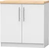 A white cabinet with a wooden top and two doors with silver handles. Produktbild-Vorschau