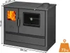 A black wood-burning stove with an oven and stovetop, shown with dimensions and weight indicated. Produktbild-Vorschau