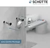 An illustration showing the installation of a shower faucet with arrows indicating the connection points and a text overlay highlighting easy assembly. Produktbild-Vorschau