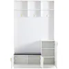 A white entryway organizer with a bench and storage shelves, presented against a white background. Produktbild-Vorschau