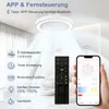 A ceiling fan with integrated light is shown, with features explained via icons and text. A remote control and a smartphone displaying an app interface are also present. Náhľad obrázku produktu