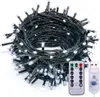 A coiled string of white LED lights with a black wire, shown with a remote control and a USB connector. Produktbild-Vorschau