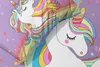 A close-up view of a bedding set featuring a cartoon unicorn with a rainbow mane and tail, set against a purple background with stars. Náhľad obrázku produktu