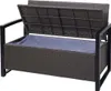 A poly-rattan storage bench with its lid open, revealing a blue liner inside. The bench has a black metal frame. Podgląd zdjęcia produktu