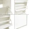 A collage of four close-up images of a white shoe cabinet with mirrored flaps. Produktbild-Vorschau