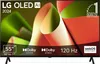 Marketing image for an LG OLED TV, showing abstract colorful shapes and product specifications. Produktbild-Vorschau