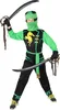 A child wearing a green and black ninja costume with a dragon emblem, holding two swords. Produktbild-Vorschau