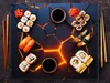 A top-down view of a sushi platter arranged on a dark, geometric surface with glowing orange lines. Náhľad obrázku produktu