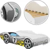 A collage of images showing a children's car-shaped bed, with close-up details of the wheel and the slatted base. Produktbild-Vorschau