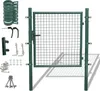 A green metal garden gate and its hardware components are laid out on a white background. Produktbild-Vorschau